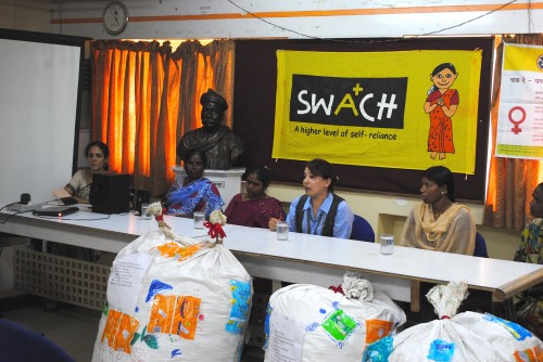 A press conference in March 2013 to address the issue of proper disposal of sanitary napkins. Photo credit: SWaCH.