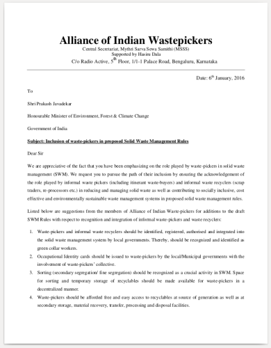 alliance-indian-wastepickers-letter-to-minister