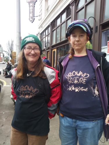 Canners Barbie and Christine show off their bleach stenciled Ground Score shirts