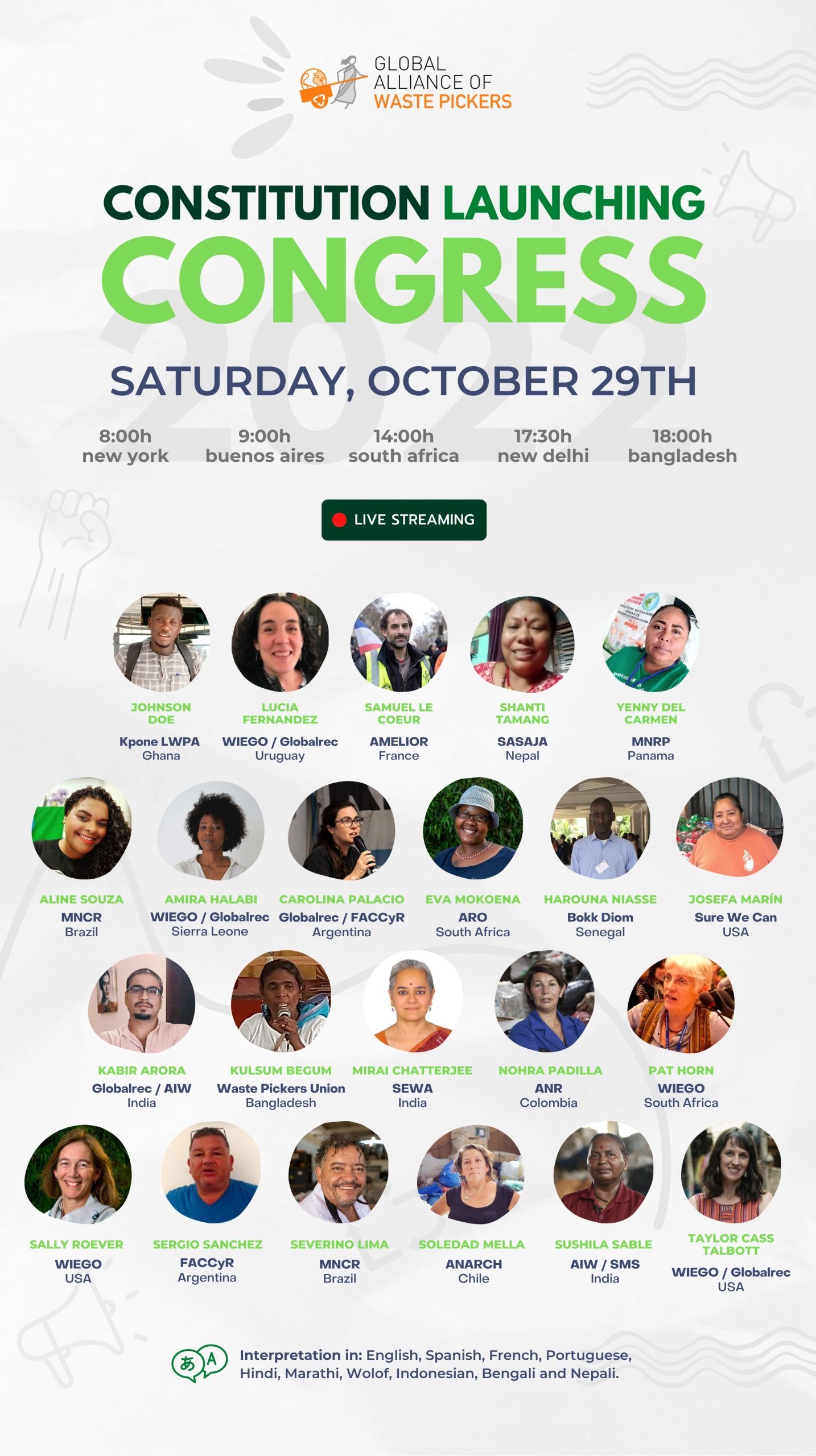 Constitution Launching Congresss. October 29th. 2022. New York, Chile 8:00-11:00h. Buenos Aires 9:00-12:00h. South Africa 14:00-17:00h. New Delhi 17:30-20:30h. Bangladesh 18:00-21:00h