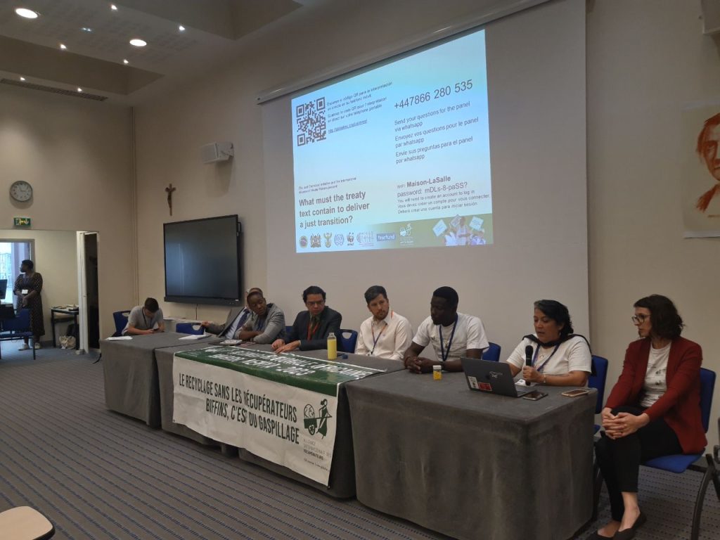 Side event at INC-2 on Just Transition and the Plastic Treaty. With Soledad Mella And Johnson Doe. Paris, 2023.